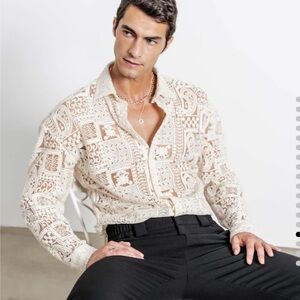 ORTTU Shirt Men’s Small Garson Sheer Patchwork Eyelet Paisley Cream Button Up